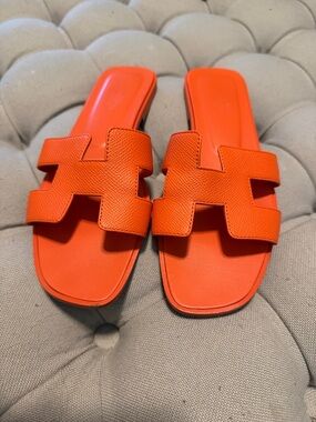 Hermes Orange Leather Oran Slide Sandals